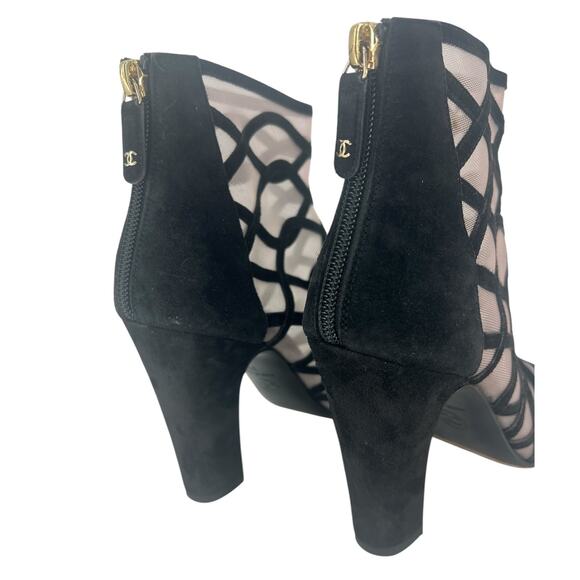 Chanel 2018 Black Suede Mesh Peep Toe CC Logo Ankle Boots - Picture 13 of 16
